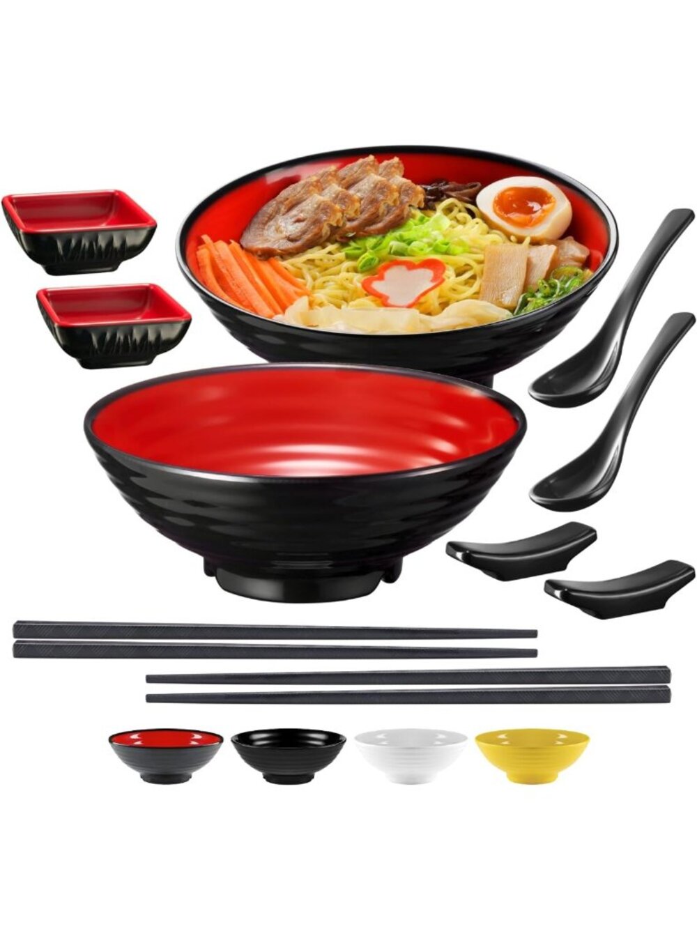 Unbreakable Melamine Ramen Bowl Set with Chopsticks & Spoon - 2 Large Asian
